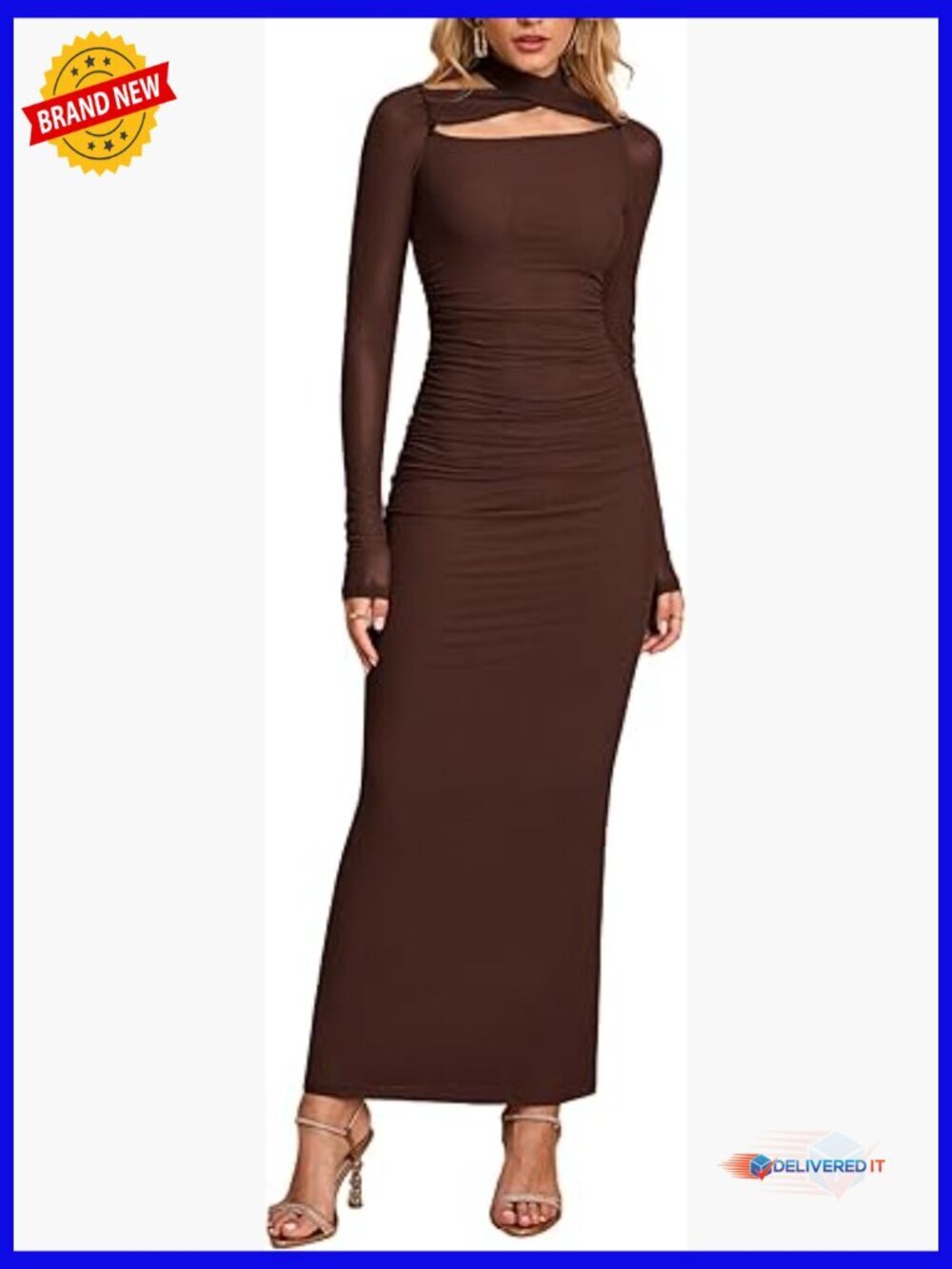 Long Sleeve Maxi Dress Ruched Bodycon Halter Backless Formal Cocktail